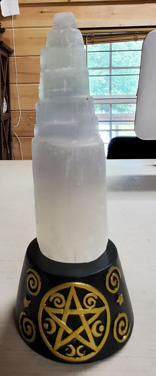 Selenite Crystal Tower on Pentagram Base