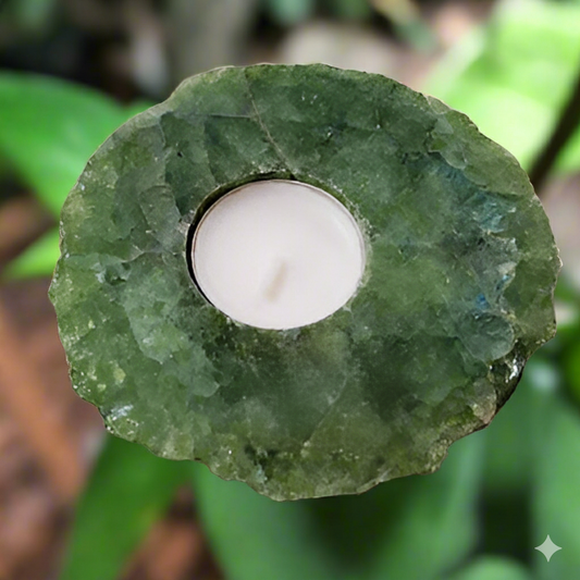 Green Thick Slab Polished Rock Crystal Quartz Candle Holder - Divine Intentions