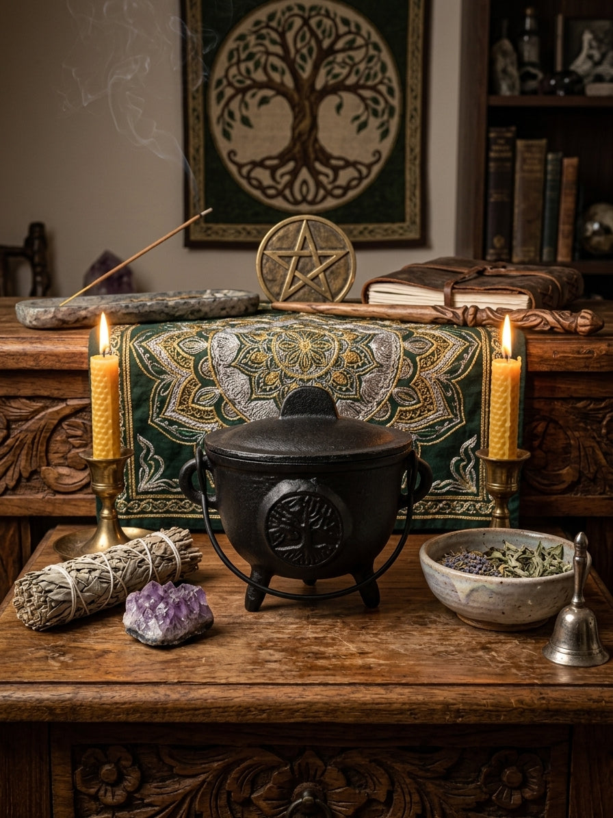 Tree of Life Cast Iron Cauldron with Lid – 4.5"