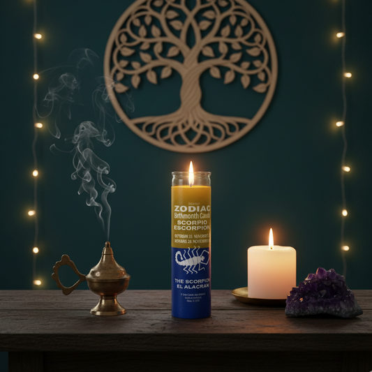 Zodiac Scorpio 7 Day Candle in Yellow and Blue for Spiritual Work