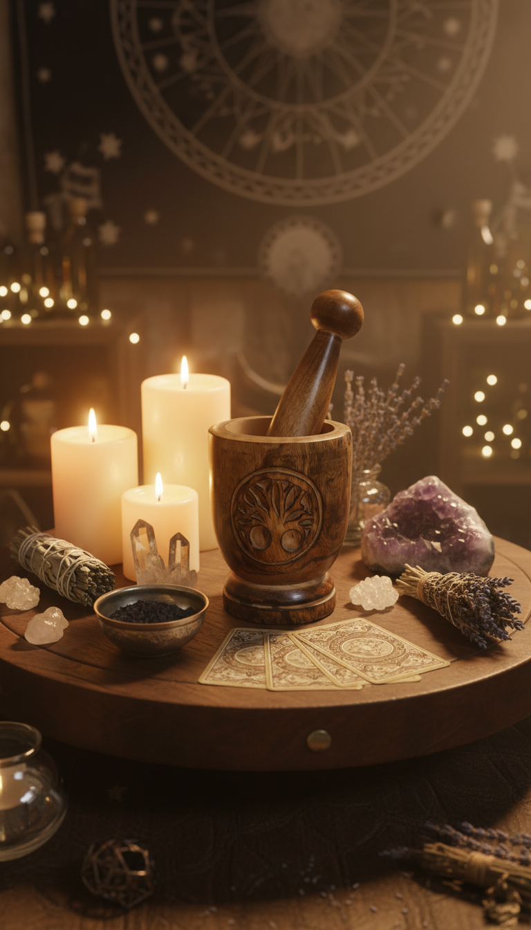 Wooden Mortar & Pestle Tree of Life for Rituals and Herbal Grinding