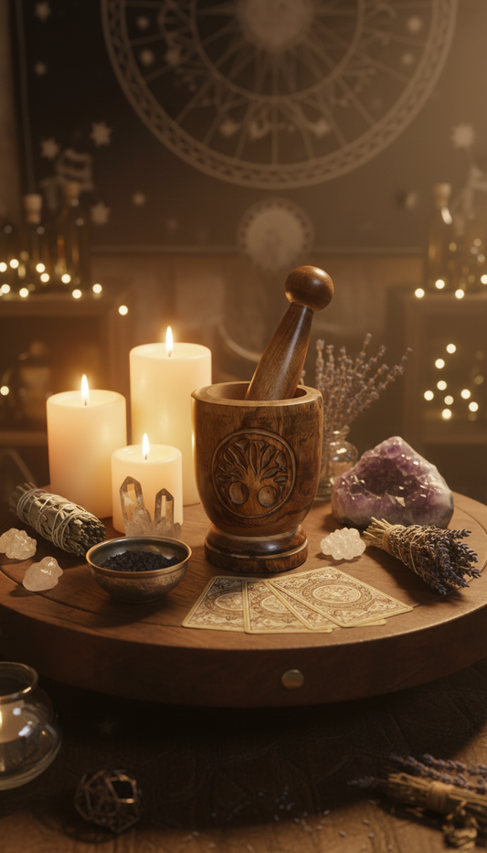 Wooden Mortar & Pestle Tree of Life for Rituals and Herbal Grinding