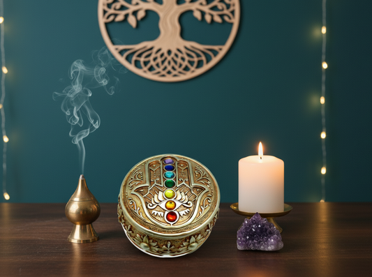 Hamsa Hand Box with Chakra Stones – Spiritual Decor and Healing Energy