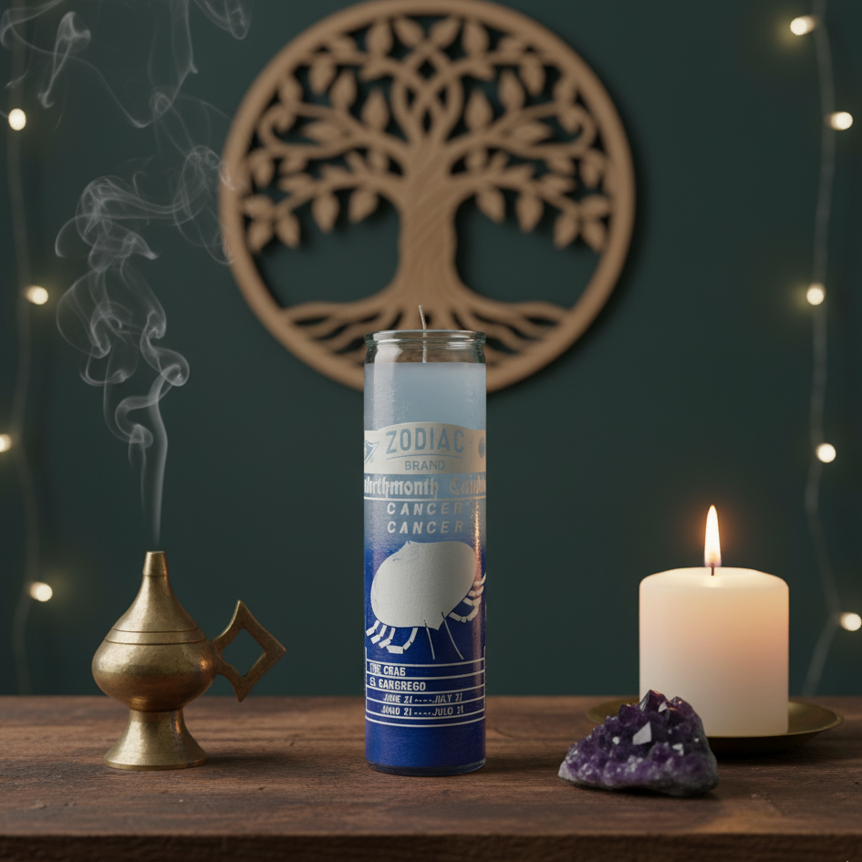 Zodiac Cancer 7 Day Candle, White/Blue