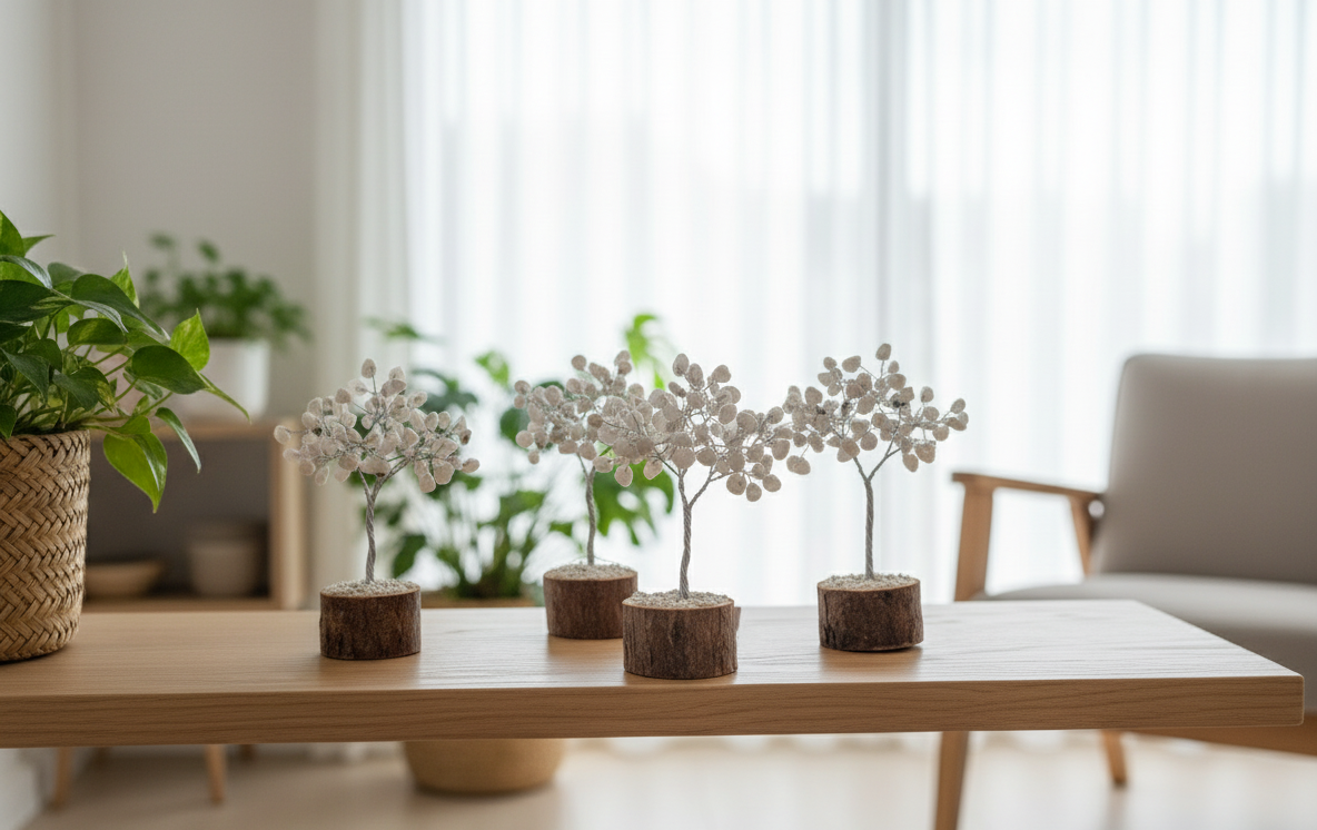 Rainbow Moonstone 100 Gemstone Chip Tree with Natural Wood Base