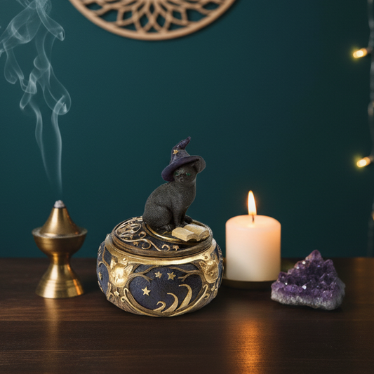 Magical Black Cat Sorcerer Witch Hat with Spell Book Trinket Box Secret Stash 5" H