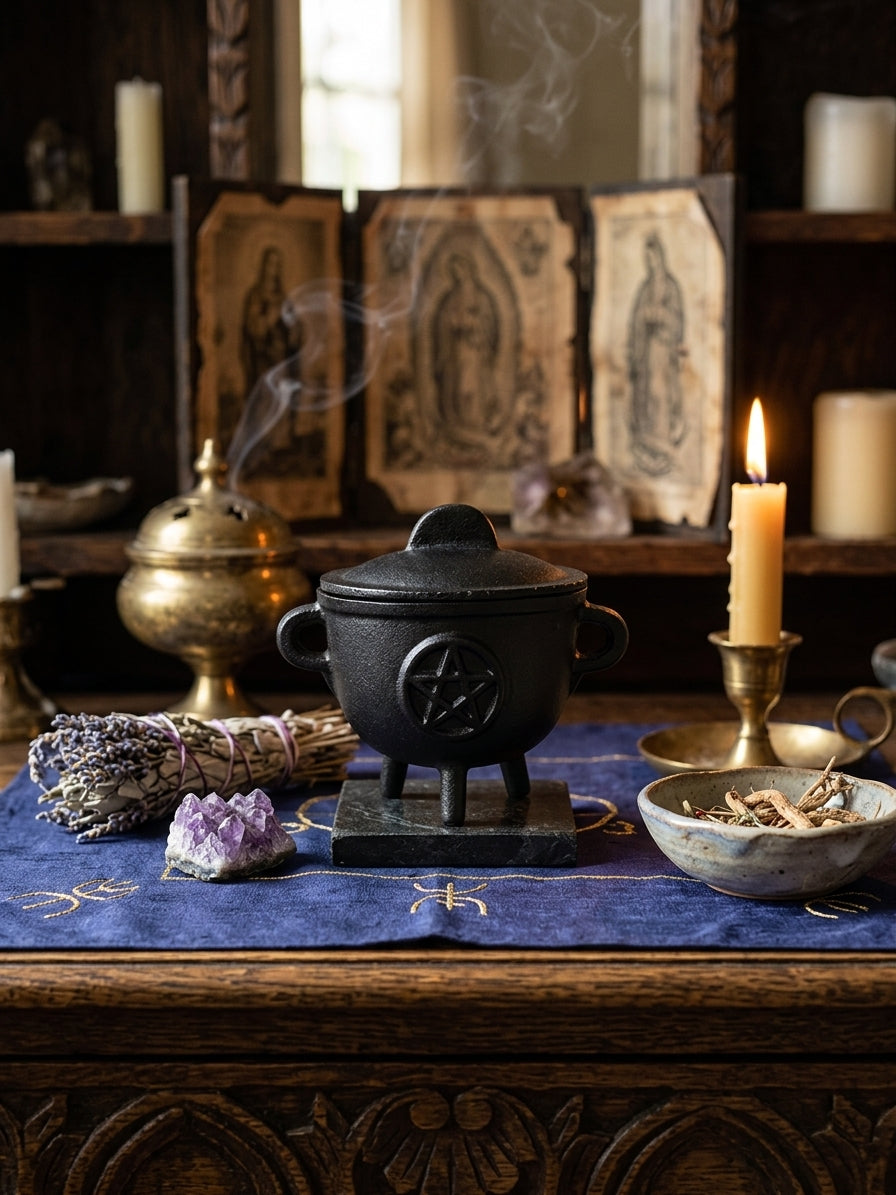 Pentacle Cast Iron Cauldron with Lid – 4.5"
