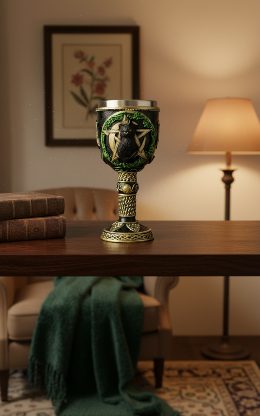 Magickal Cat on Pentagram Design Goblet for Enchanting Beverages