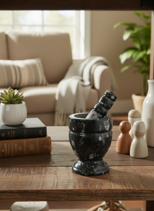 Orthoceras Fossil Stone Mortar & Pestle for Natural Grinding and Herbal Preparation