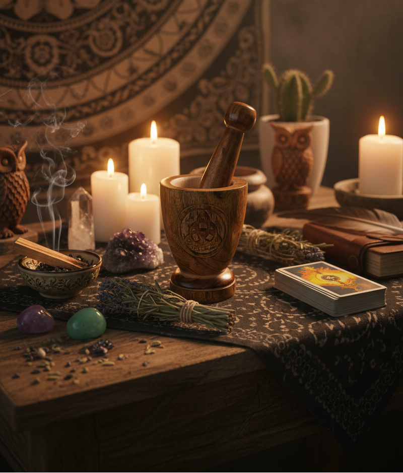 Wooden Mortar & Pestle Triquetra for Authentic Cooking and Herbal Remedies