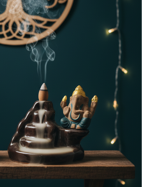 Ganesha Waterfall Ceramic Backflow Incense Cone Burner for Meditation and Relaxation