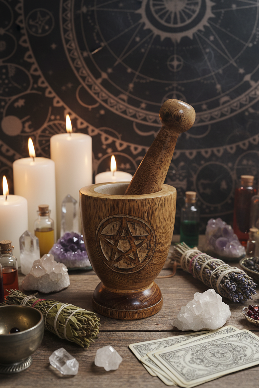 Wooden Mortar & Pestle Pentacle for Herbal Grinding and Ritual Use