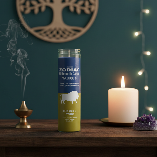 Zodiac Taurus 7 Day Candle in Blue and Yellow for Inner Strength and Determination