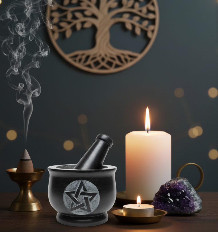 Black Marble Mortar & Pestle 3" with Pentacle Design for Herbs and Spices