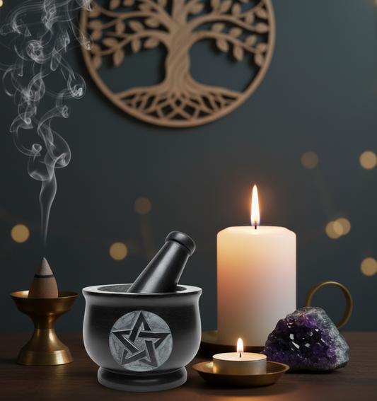 Black Marble Mortar & Pestle 3" with Pentacle Design for Herbs and Spices