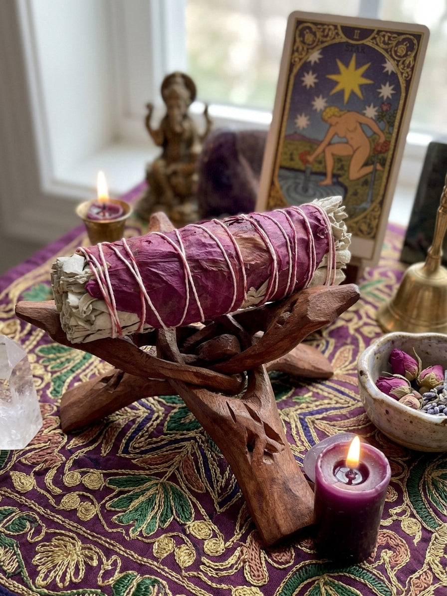 White Sage & Purple Rose Petals Smudge Stick – 4"