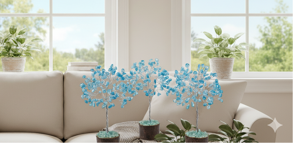 Blue Topaz Gemstone Tree with Wood Base - 100 Gemstone Chips