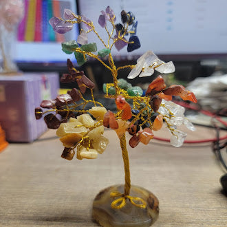 100 Chip Gemstone Tree On Agate Slice - Multiple Kinds of Gemstones