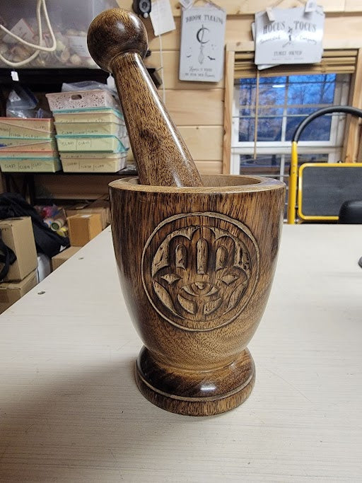 Wooden Mortar & Pestle Hamsa