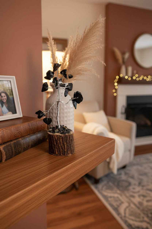 Black Tourmaline Tree Gemstone Chip on Wood Base