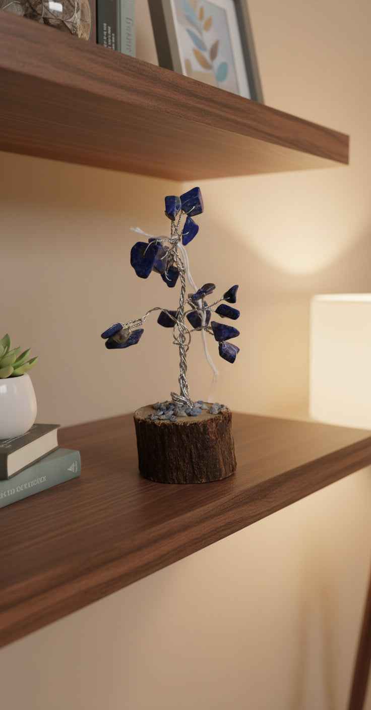 Lapis Gemstone Chip Tree Wood Base for Elegant Home Decor