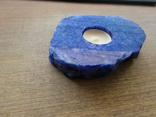Blue Thick Slab Polished Rock Crystal Quartz Candle Holder