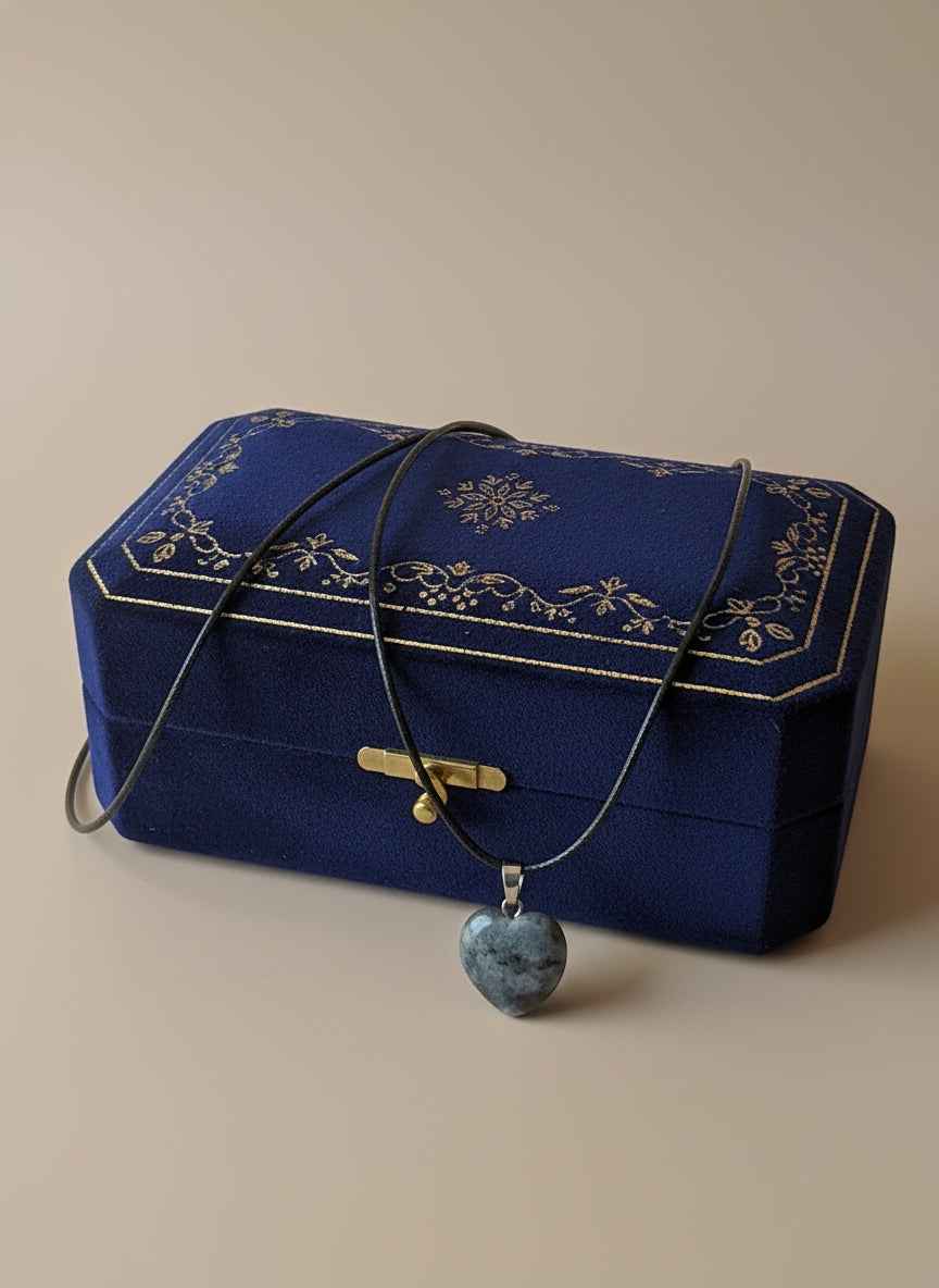 Larvikite Gemstone Heart Pendant on 18 Inch Black Cord