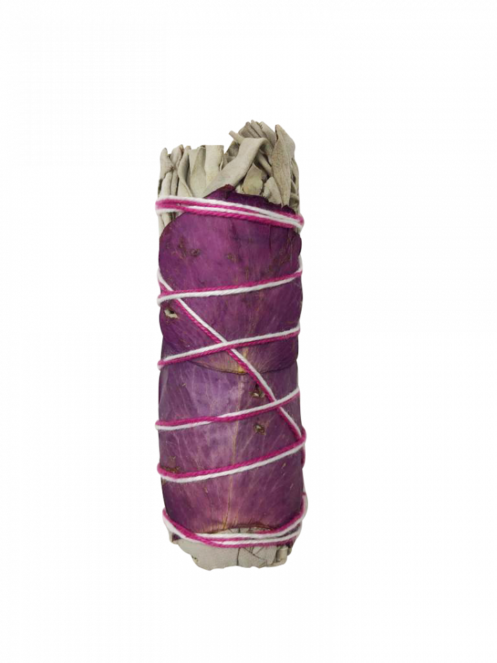 White Sage & Purple Rose Petals Smudge Stick – 4"