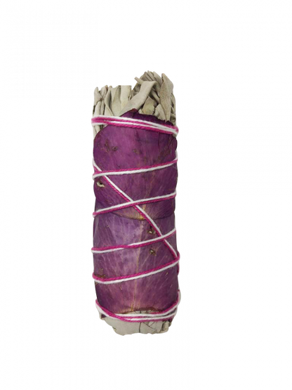 White Sage & Purple Rose Petals Smudge Stick – 4"