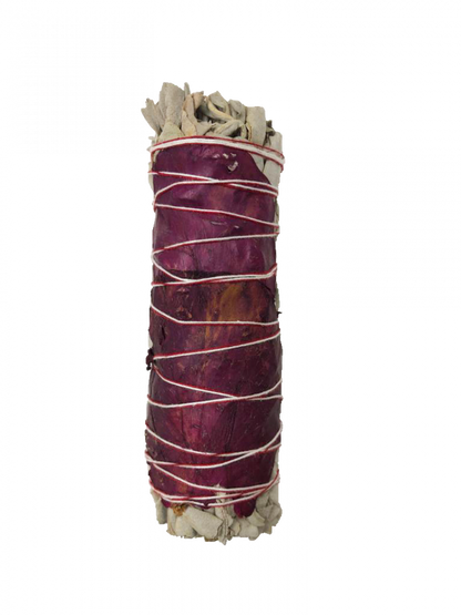 White Sage & Red Rose Petals Smudge Stick – 4"