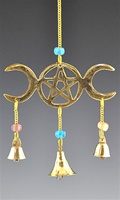 Triple Moon Pentagram Brass Chime With Beads 9" Long