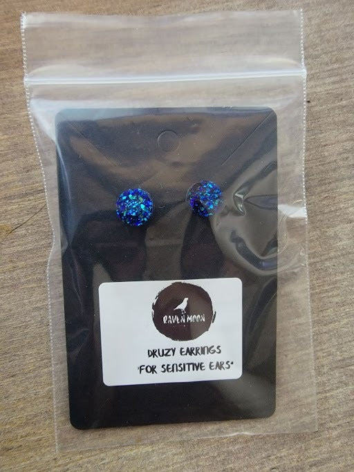 Raven Moon Dark Blue Druzy Stud Earrings