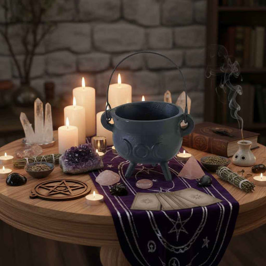 Triple Moon Goddess 3 Inch Cast Iron Cauldron for Rituals and Decor