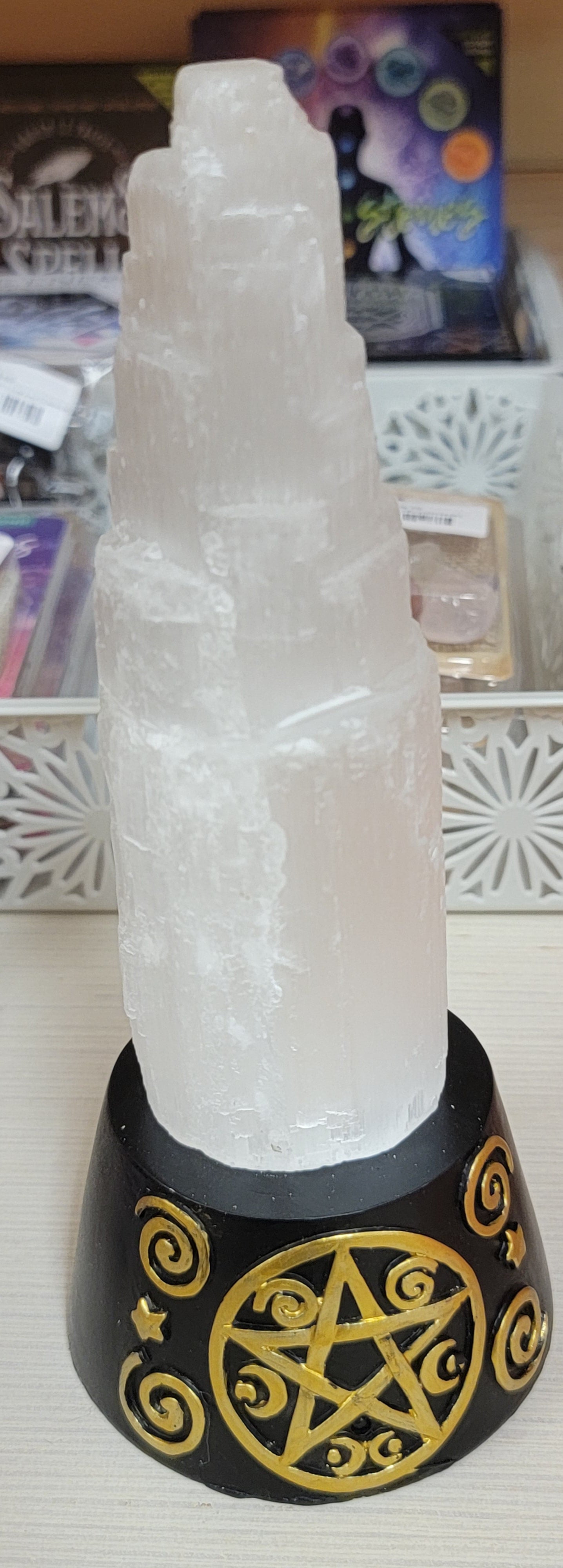 Selenite Crystal Tower on Pentagram Base
