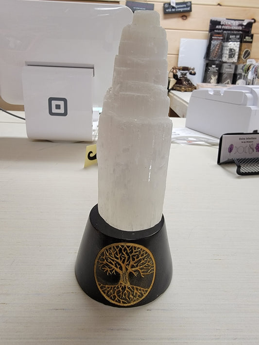 Selenite Crystal On Tree Of Life base w/Changing Lights